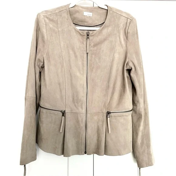 Beige Suede Moto Jacket Minimalist Biker Peplum Spring Weight Cream Size Medium - Picture 3 of 16